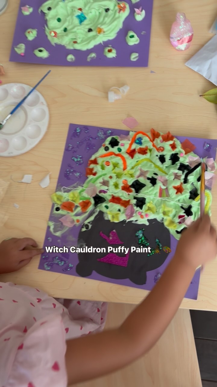 My daughter and I love doing puffy paint crafts for every holiday… so October obviously means spooky puffy painting! This witch’s cauldron puffy paint is a fun & easy Halloween craft. Here’s what you need: 

-Shaving cream + glue to make the puffy paint ✔️
-Green dye ✔️
-Paint brushes ✔️
-Cardstock paper ✔️
-Artsy items you can use to make your art spooky & sparkly, such as pipe cleaners, tissue paper squares, small plastic spiders etc ✔️

1️⃣Combine equal(-ish) parts shaving cream + glue to make the puffy paint.
2️⃣Mix in a few drops of green dye.
3️⃣Cut black cardstock paper into cauldron shapes and glue it onto cardstock paper (we used purple here). 
4️⃣Swirl your puffy paint around the cauldron to make a potion painting. Get creative and add your spooky and sparkly items onto the cauldron and potion! 

#kidcrafts #happyhalloween #witch #5yearsold #momsofinstagram #letsgetcrafty #spooky #kidactivities #puffypaint #halloweencrafts